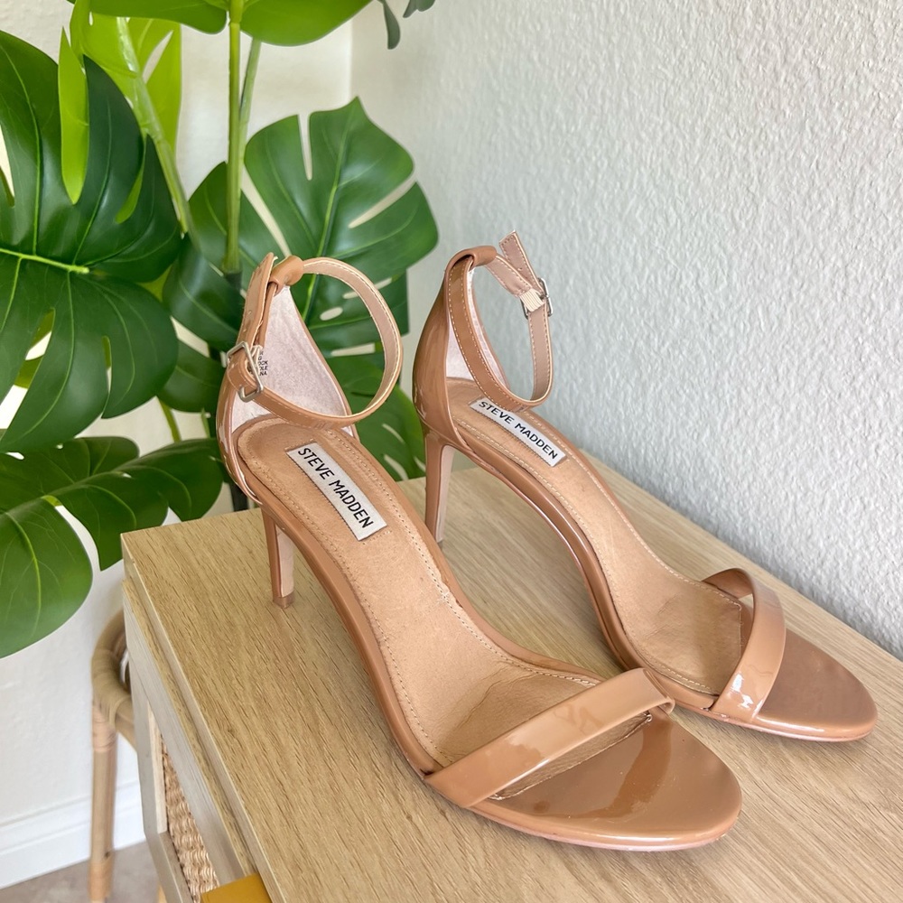Steve Madden Caramel Patent Leather - Rounded Toe, Skinny Heel with Ankle Strap - Picture 2 of 5